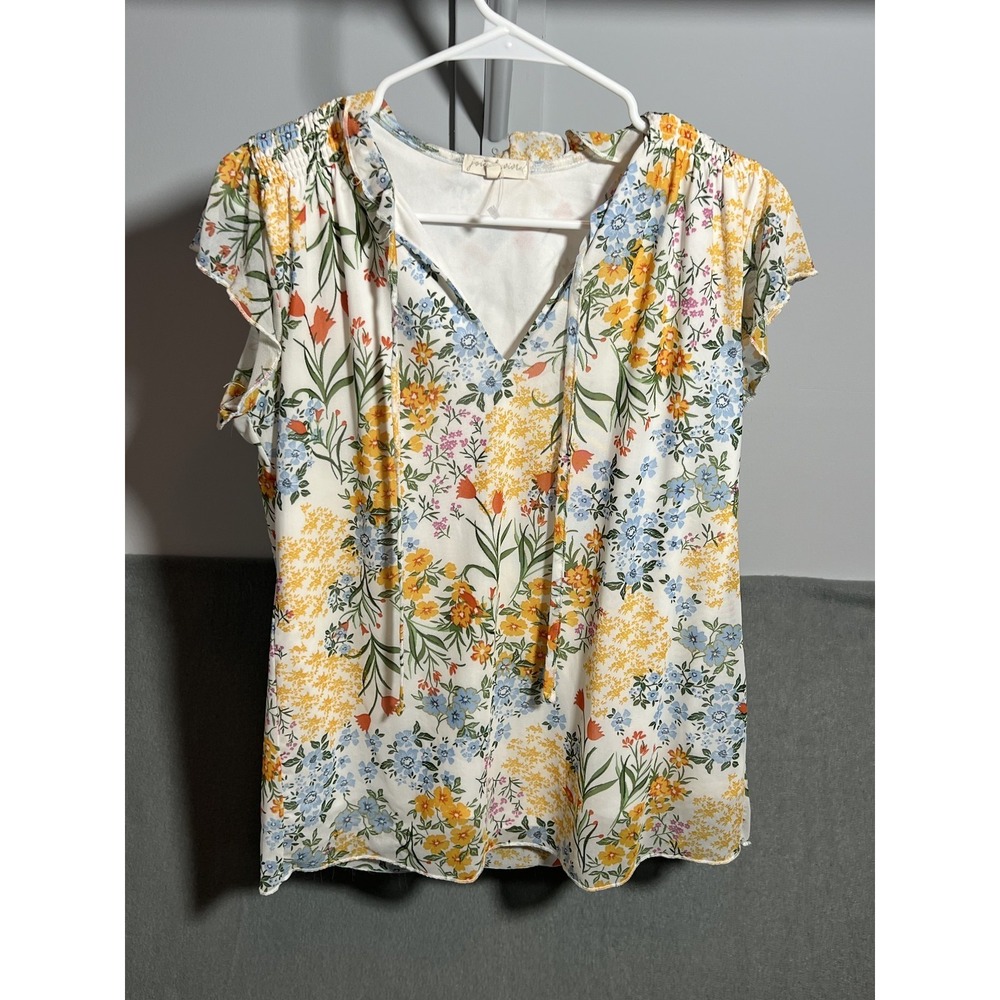 Joie de Vivre Women's S White Floral Ruffle‎ Sleeve Tie-Neck Blouse Top Lined